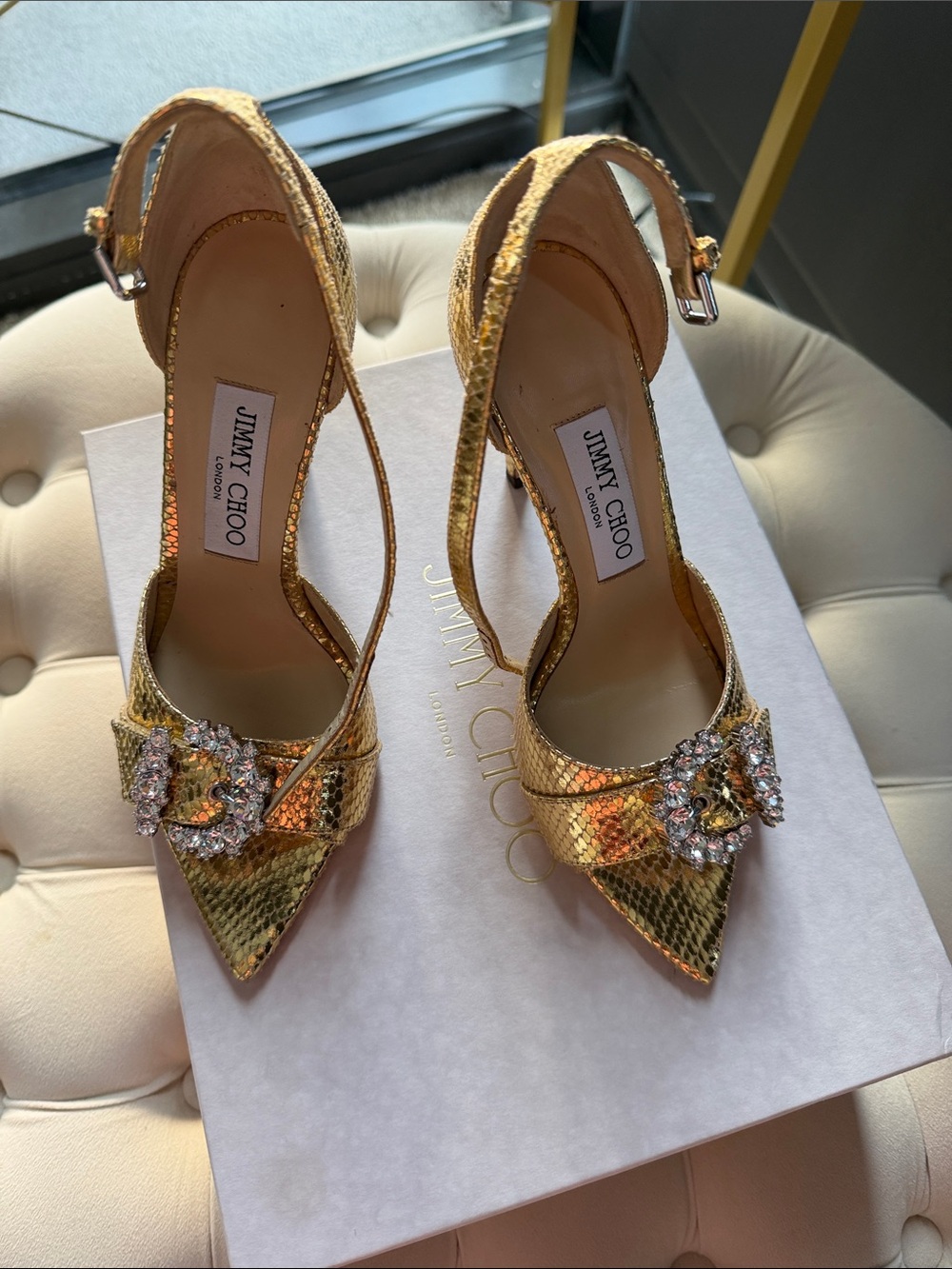 Jimmy Choo Gold Crystal-Embellished Pointed Slingback Heels
